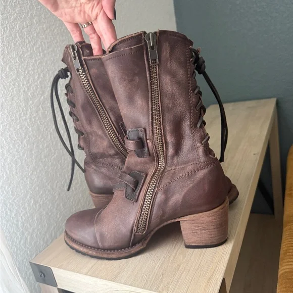 freebird Distressed Brown Leather Buckle Mid-Calf Heeled Boots - Picture 4 of 6